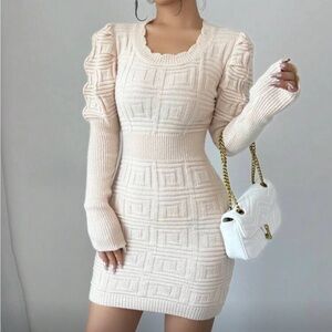 Women's Solid Color Round Neck Gigot Sleeve Elegant Knitted Sweater Dress